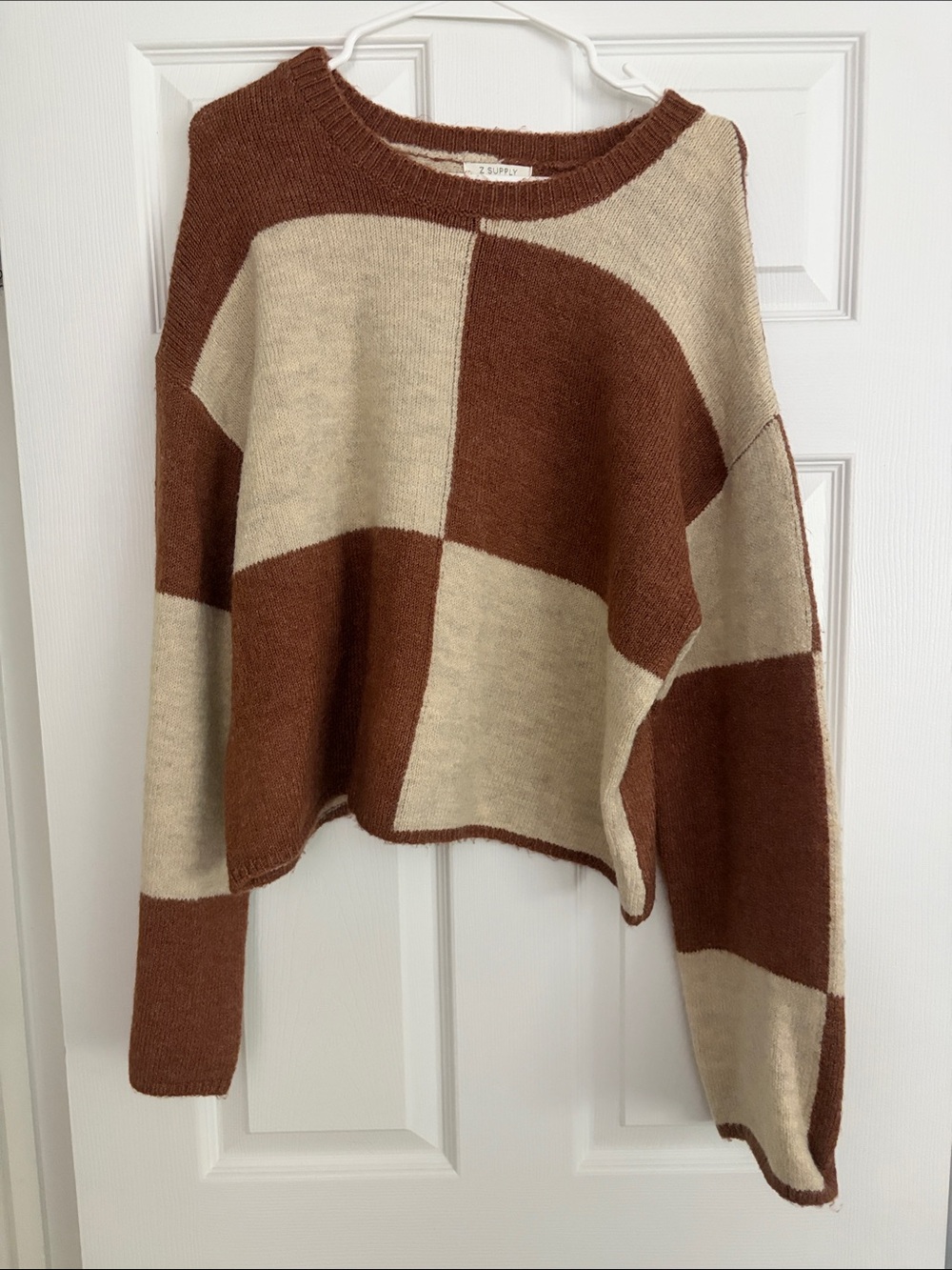 Z Supply Retro Check Crewneck Sweater in Brown and Cream